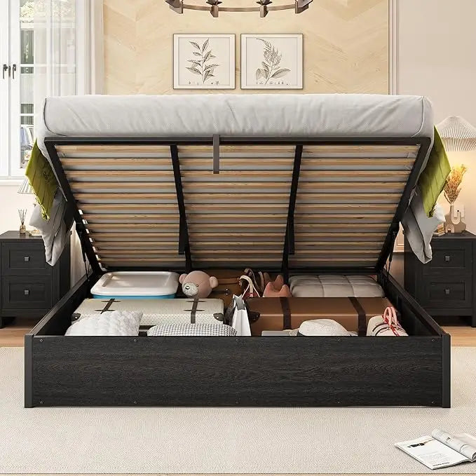 Queen Lift-Up Storage Bed — Wooden Platform with Under-Bed Storage