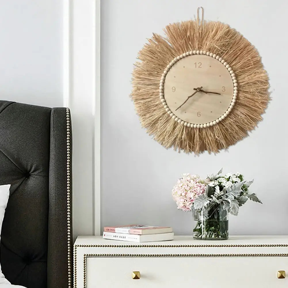 Nordic Straw Wall Clock Hand Woven Round Wall Art Decor Farmhouse Clock