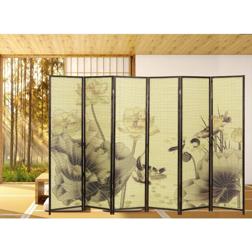 Bamboo 6-Panel Folding Screen with Chinese Calligraphy, 6FT Tall Room Divider