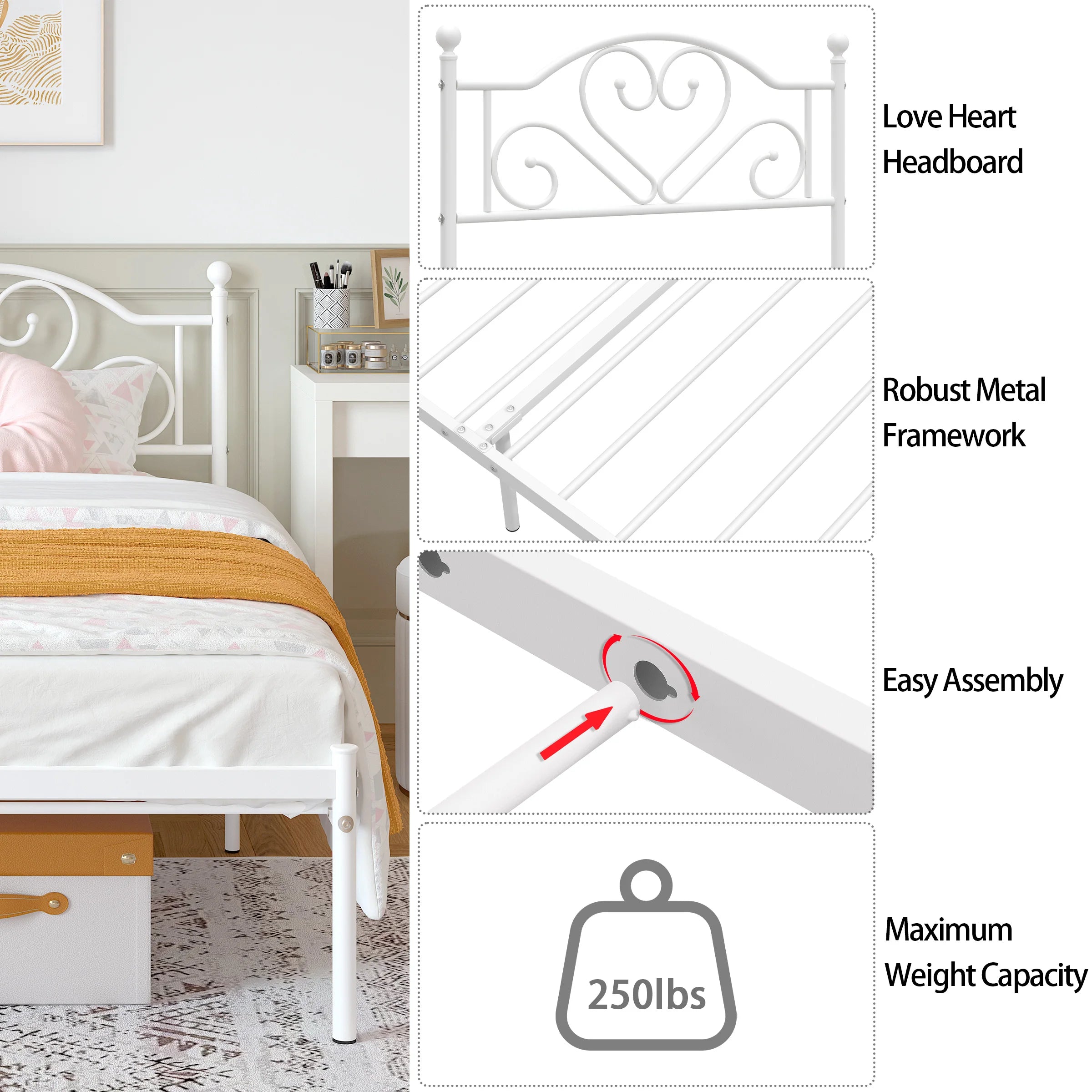 Twin Bed Frame with Headboard, Heavy Duty Metal Platform Bed with Under Bed