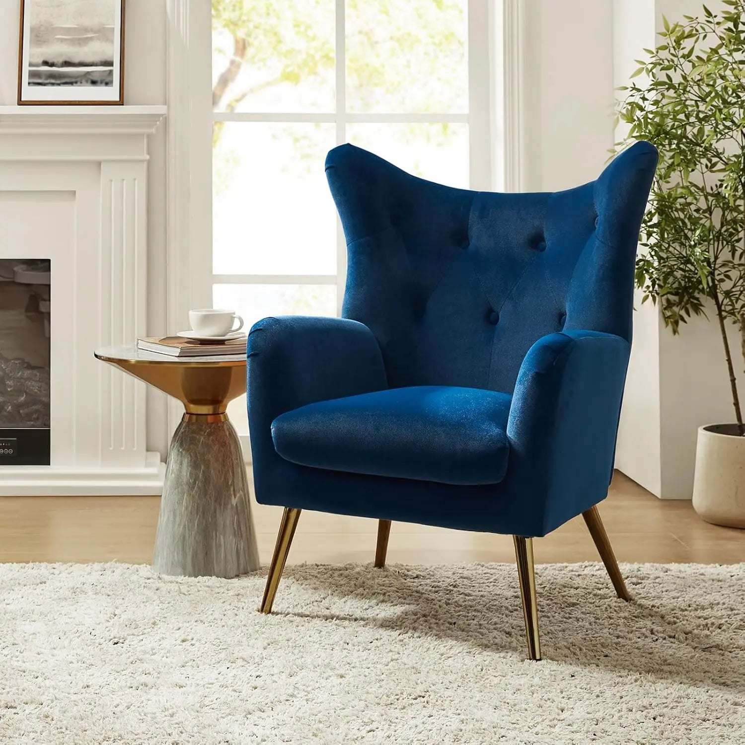 Velvet Accent Chair, Modern Wingback Arm Chair with Metal Gold Legs