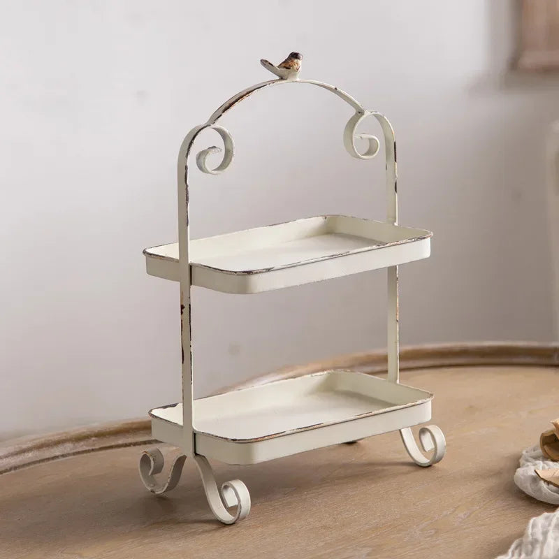 Metal White Double Height Tray with Retro Bird Finale, Cake Stand, Kitchen Storage