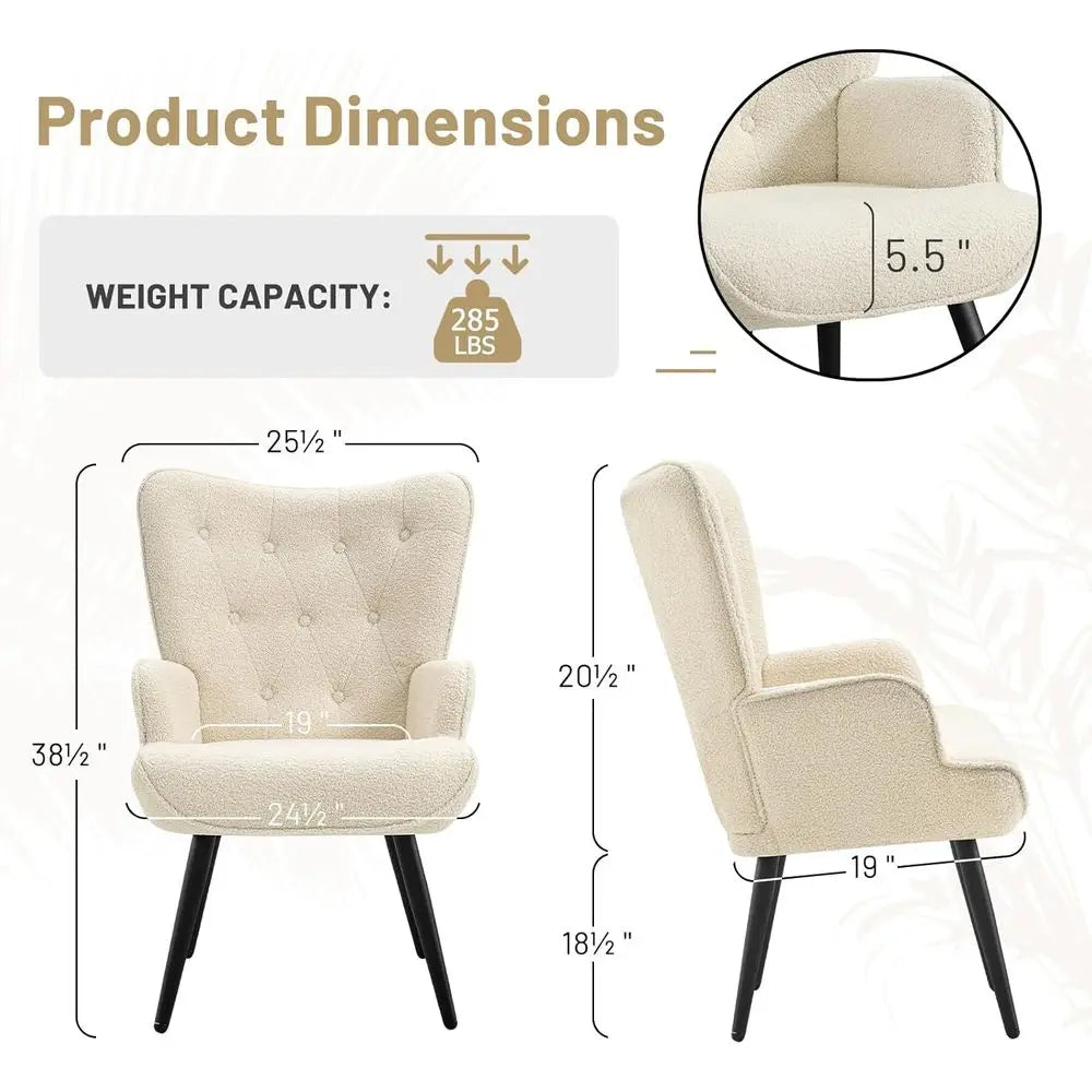 Ivory High-Back Wingback Chair Tufted Accent for Living Room or Bedroom
