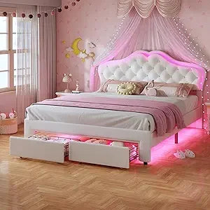 Twin Girl's Upholstered Platform Bed — LED Lights, Storage Drawer & Crystal Headboard