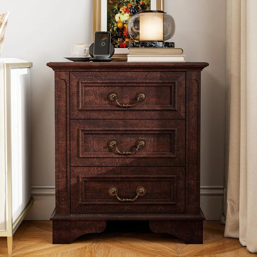 Nightstand with Charging Station Wooden Bedside Table with 3 Drawers for Bedroom
