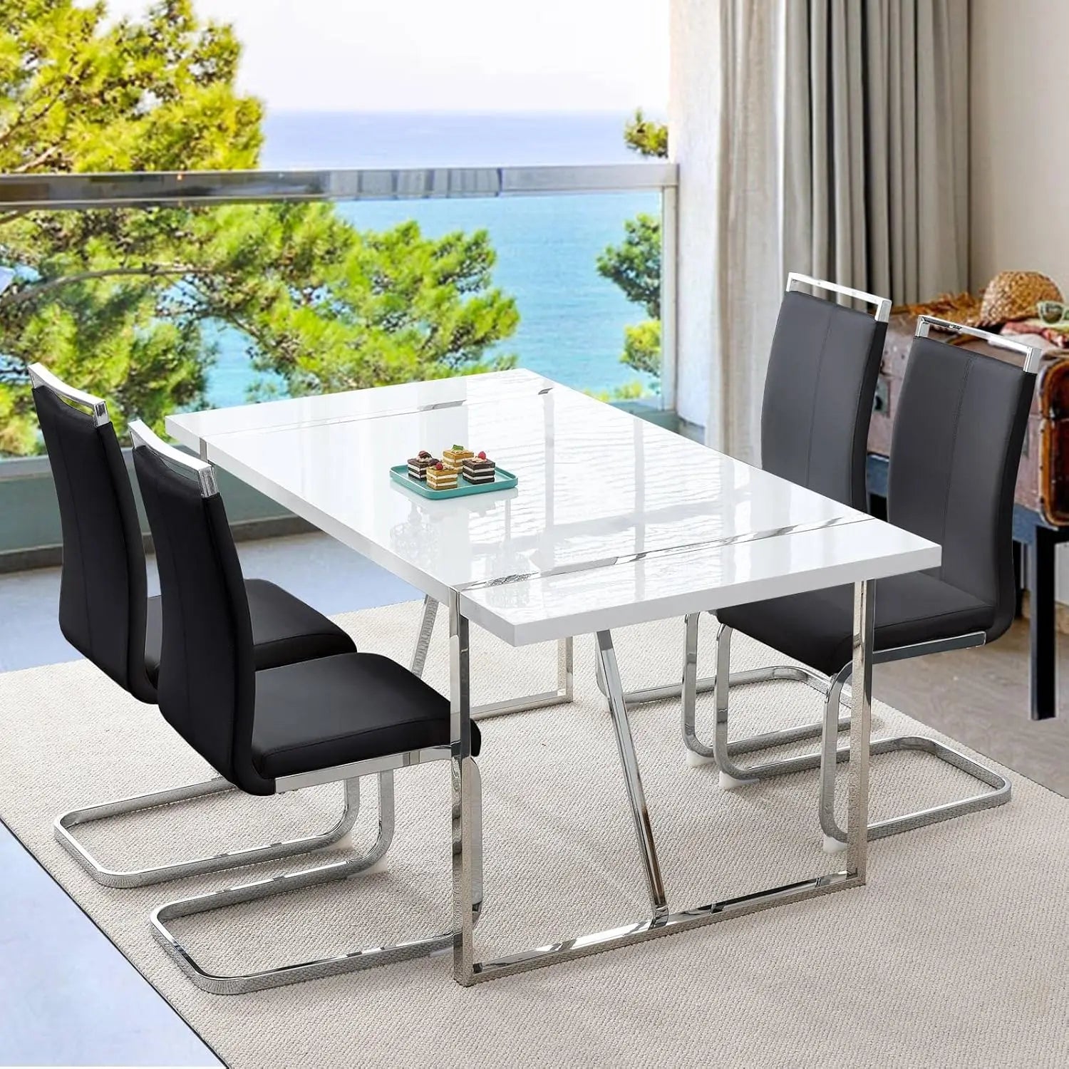 Dining Table Set for 4，White Rectangular Kitchen Table and Leather Dining Chairs
