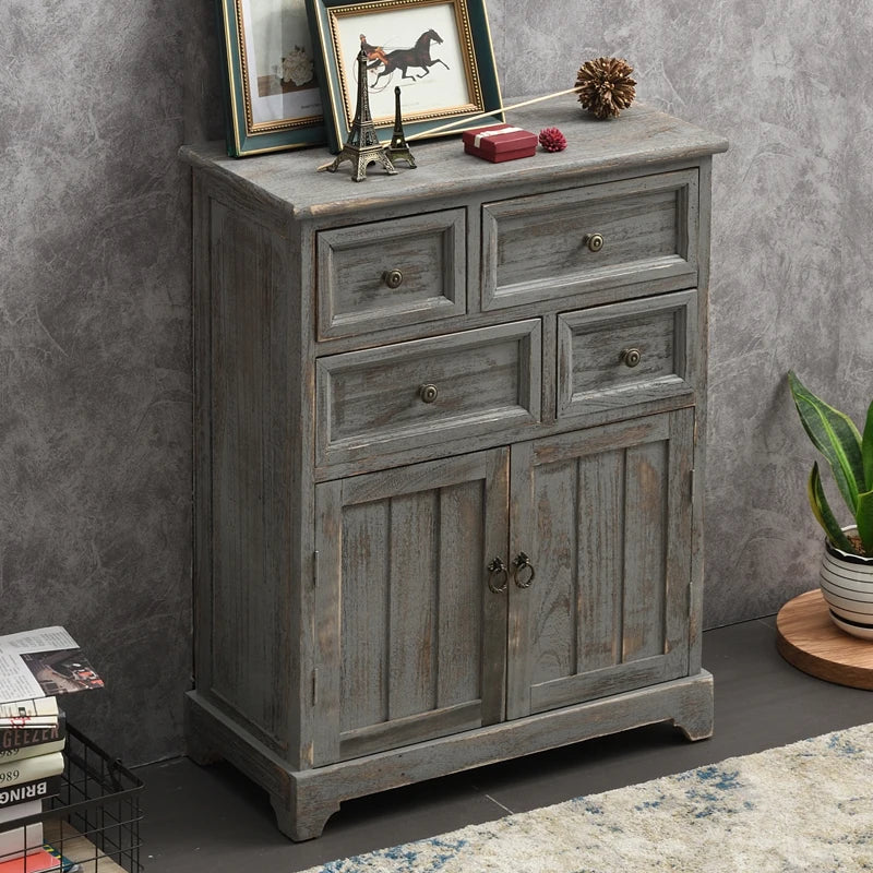 ‌Distressed Mediterranean Sideboard‌ Mortise-Tenon Solid Wood Storage