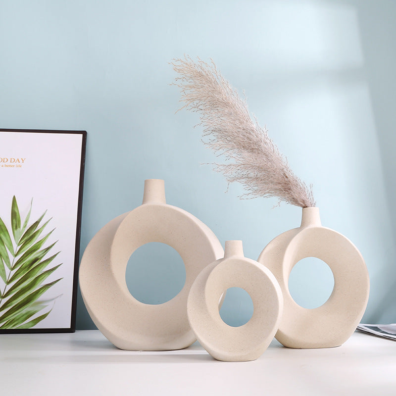 Nordic Ceramic Vase Circular Hollow Donuts Flower Pot Home Living Room