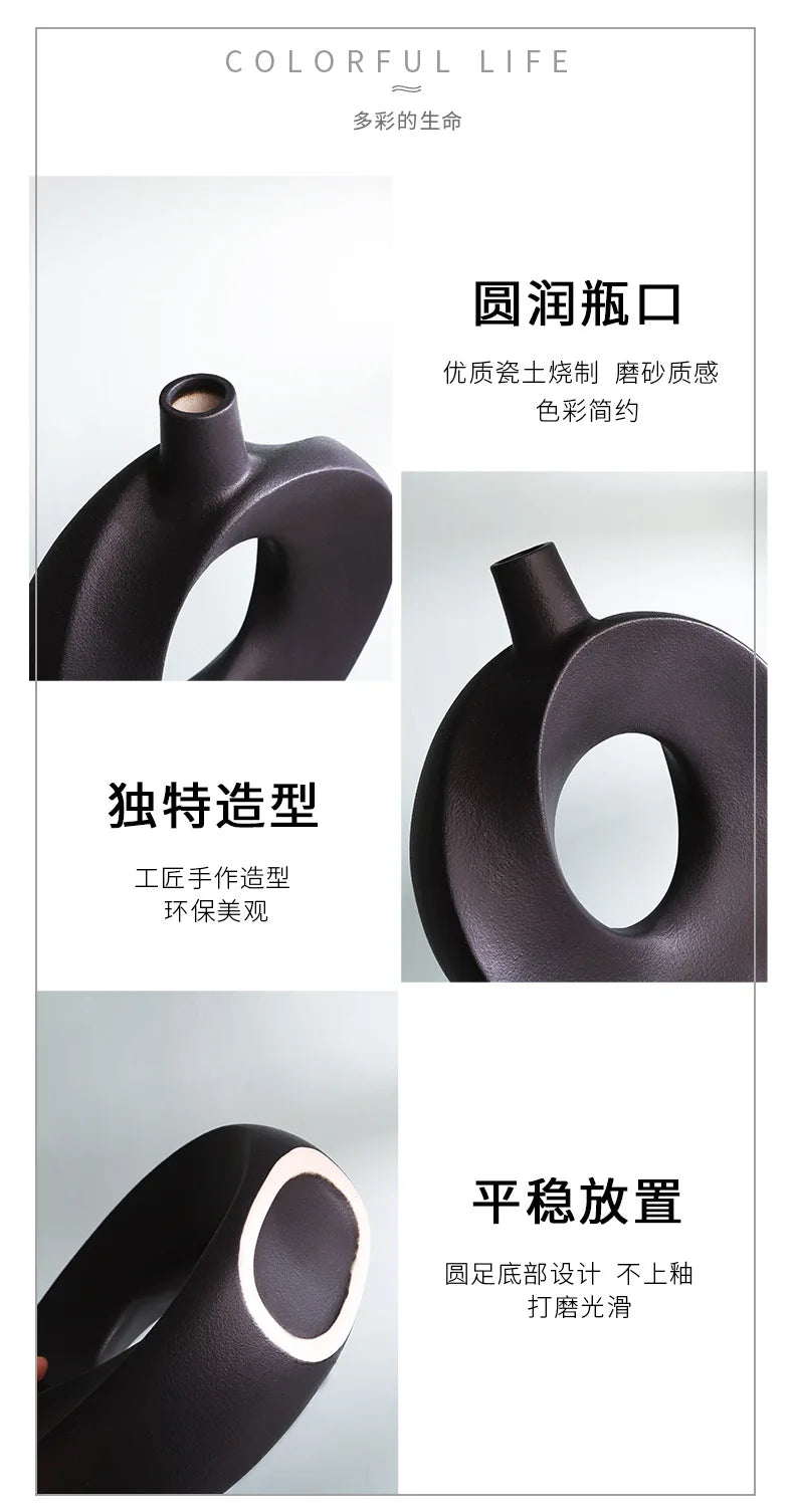 Nordic Ceramic Vase Circular Hollow Donuts Flower Pot Home Living Room