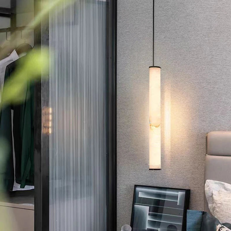 Cylindrical Natural Marble Chandelier Black Brass 3000K Indoor Bedroom Lamp