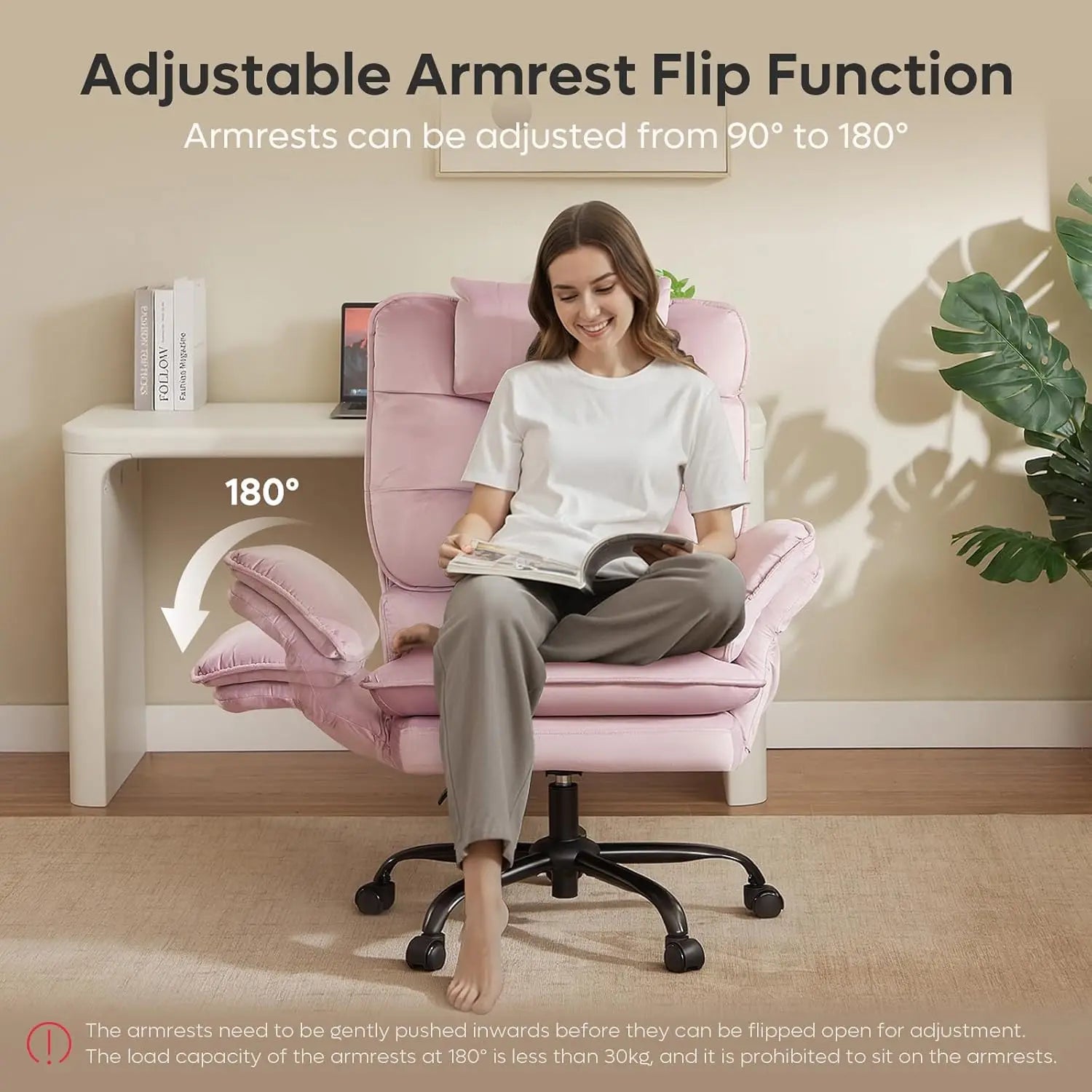 Pink Velvet Criss Cross Chair Flip-Up Armrests Side Pockets Big Tall Desk Chair