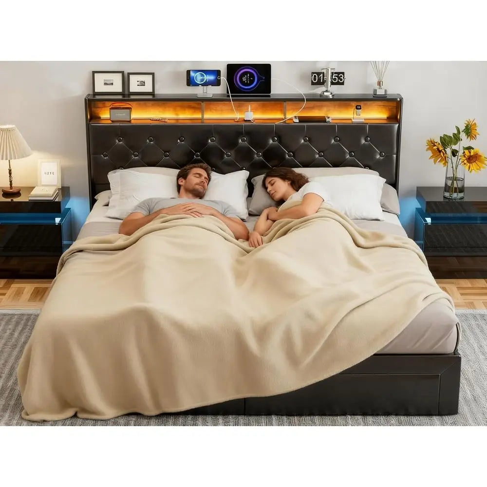 California King Bed with 4 Drawers, Hidden Storage, Upholstered Platform