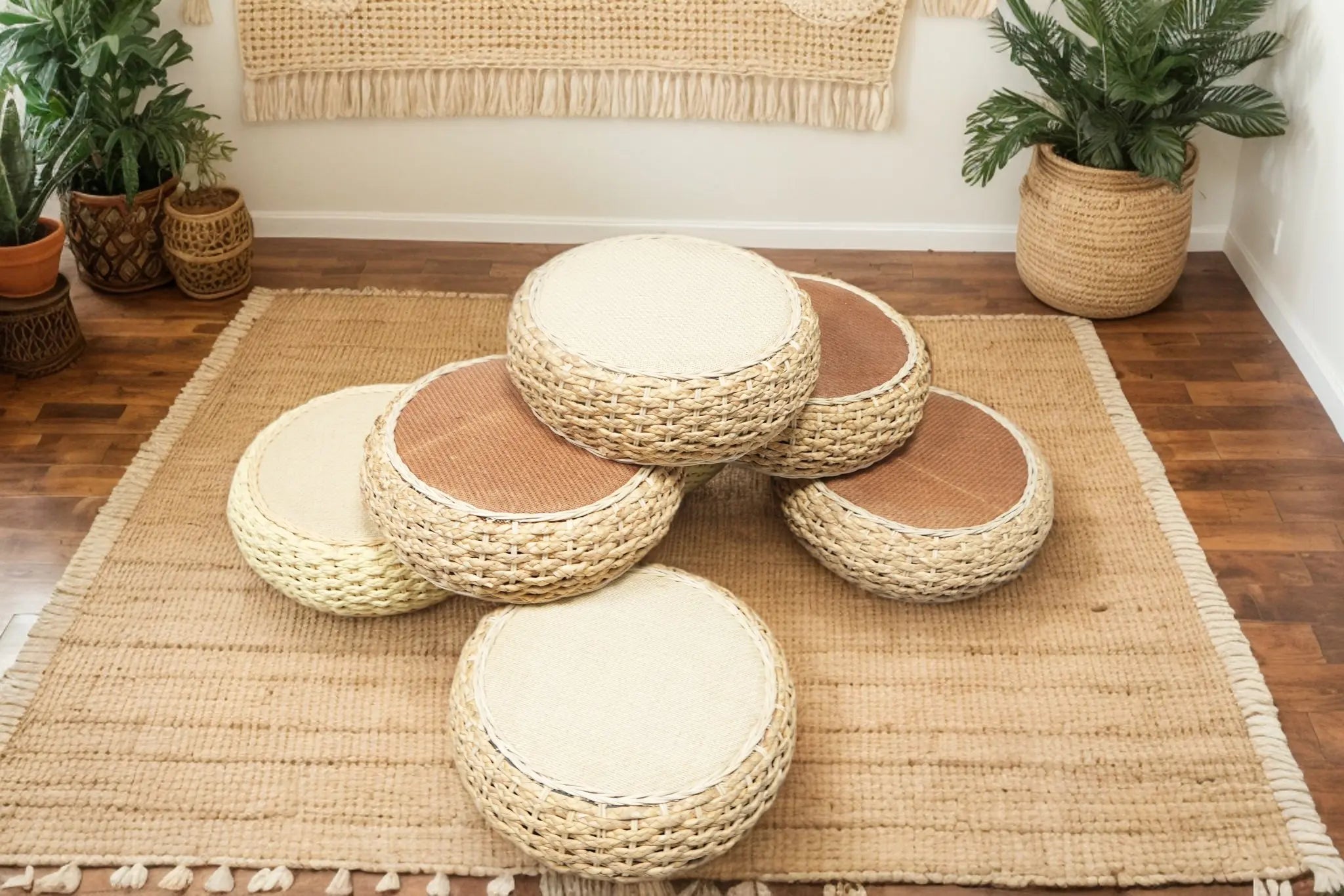 Handwoven Water Hyacinth Rattan Stool, Bohemian Round Ottoman for Bedroom