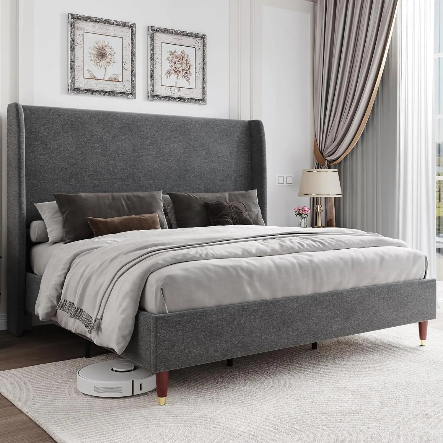 King Upholstered Wingback Platform Bed Frame — 51