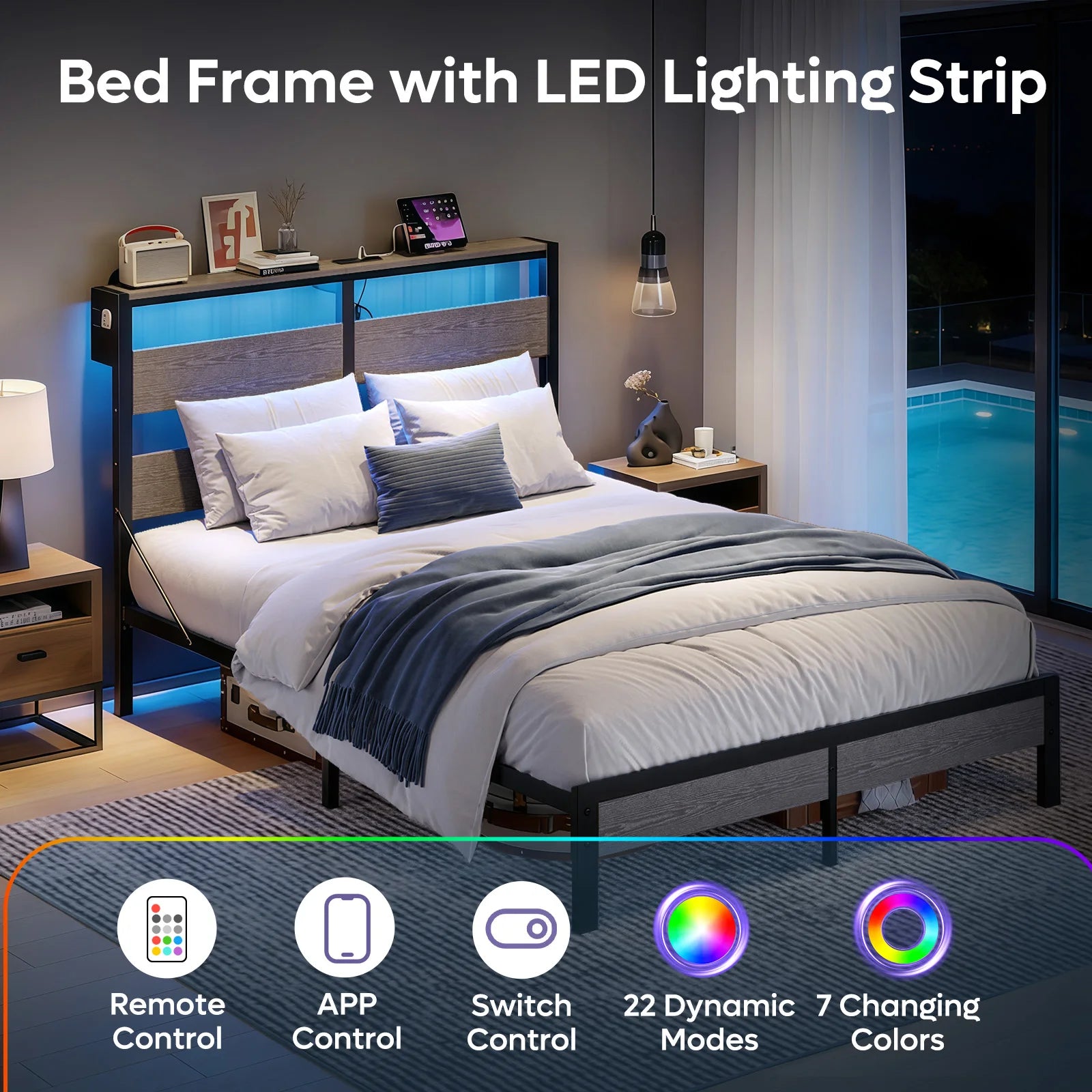 Queen Bed Frame with Headboard and Charging Station Non Slip Queen Bed
