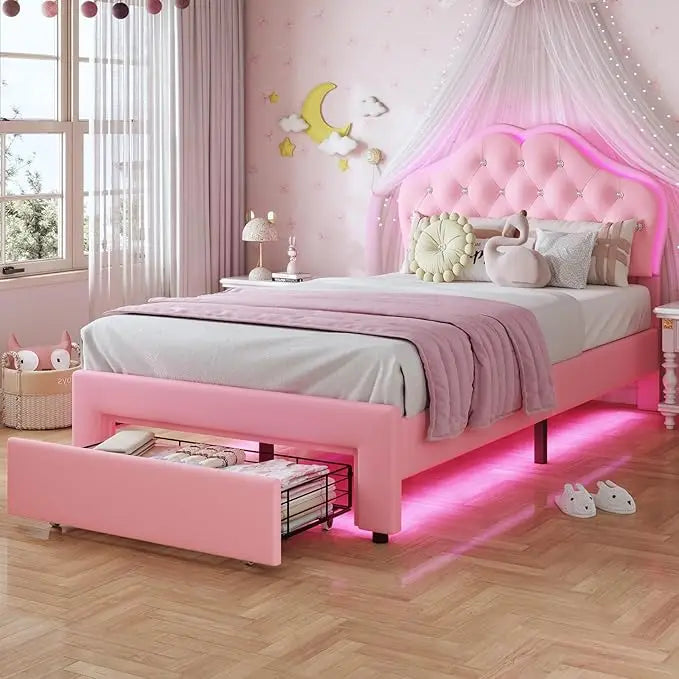 Twin Girl's Upholstered Platform Bed — LED Lights, Storage Drawer & Crystal Headboard