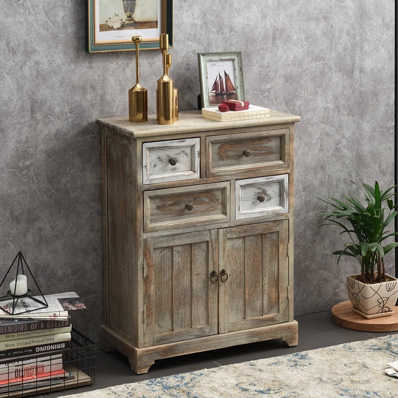 ‌Distressed Mediterranean Sideboard‌ Mortise-Tenon Solid Wood Storage
