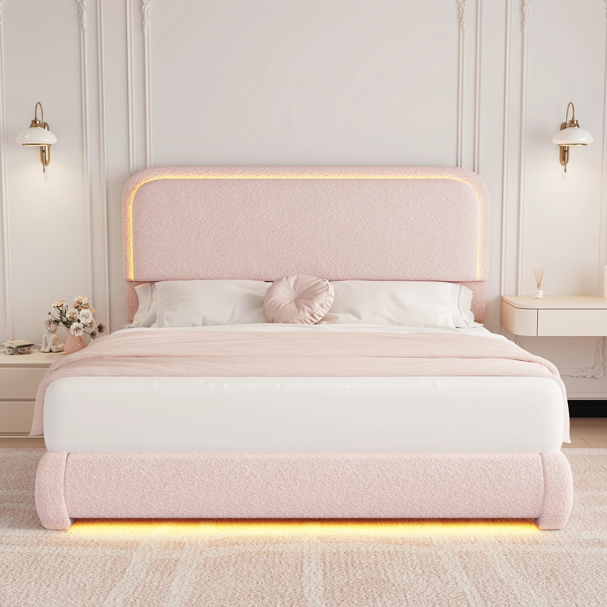 Full Size LED Bed Frame with Storage Drawers, Teddy Upholstery, Rounded