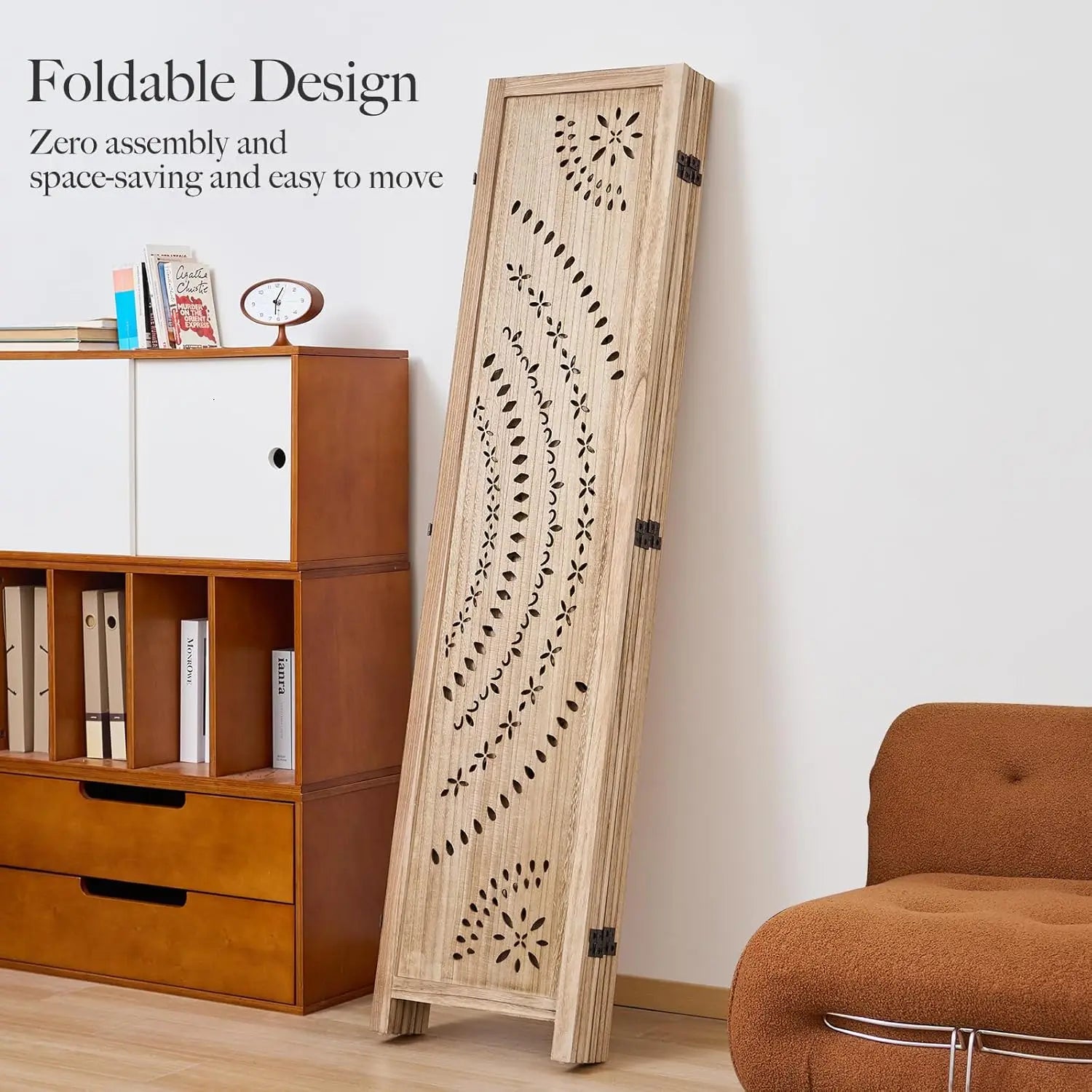66.9Inch Folding Room Divider, 6 Panels Wood Carved Privacy Screens