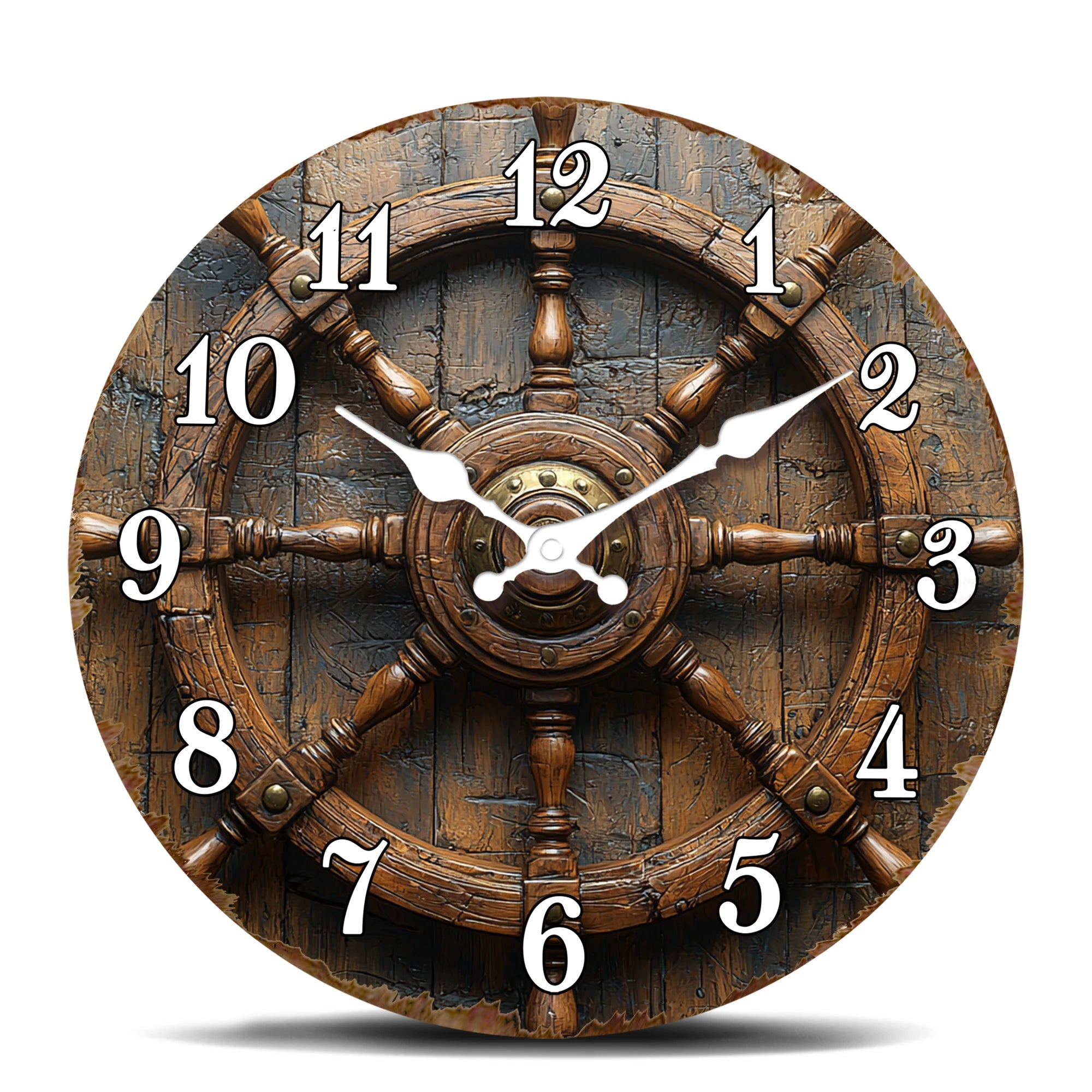 Antique Wooden Ship Steering Wheel Wall Clock - Nautical Decor for Office