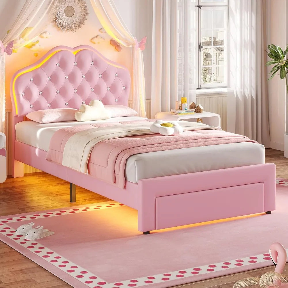 Twin Girl's Upholstered Platform Bed — LED Lights, Storage Drawer & Crystal Headboard