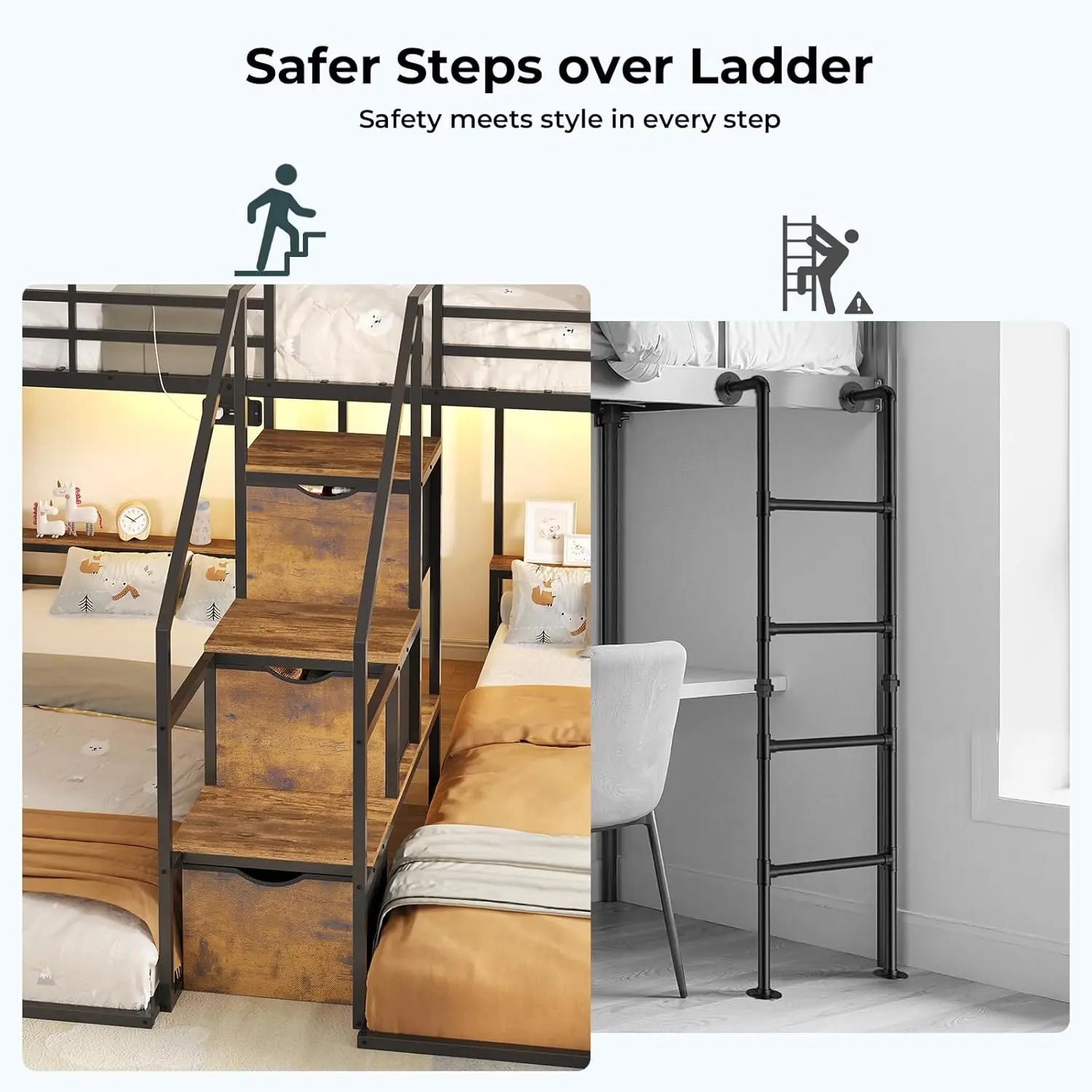 Triple Bunk Bed with Storage Staircase, RGB Lights & Charging Station, Twin Over Twin, Heavy Duty Metal 3 Bunk Beds, Customized