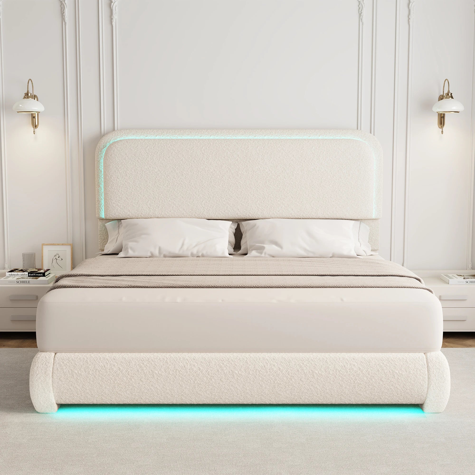 Full Size LED Bed Frame with Storage Drawers, Teddy Upholstery, Rounded
