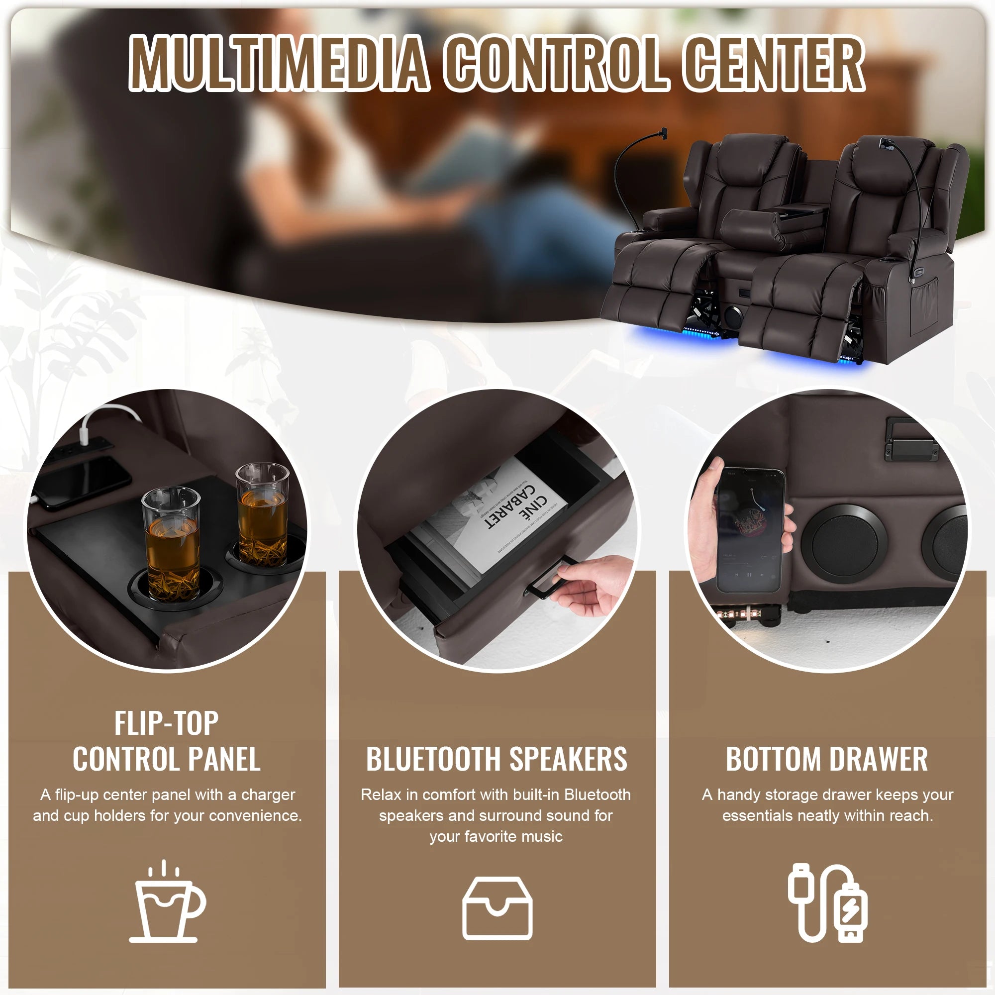 Power Loveseat Recliner with Massage & Heat — Dual Motor, Cat-Claw Leather