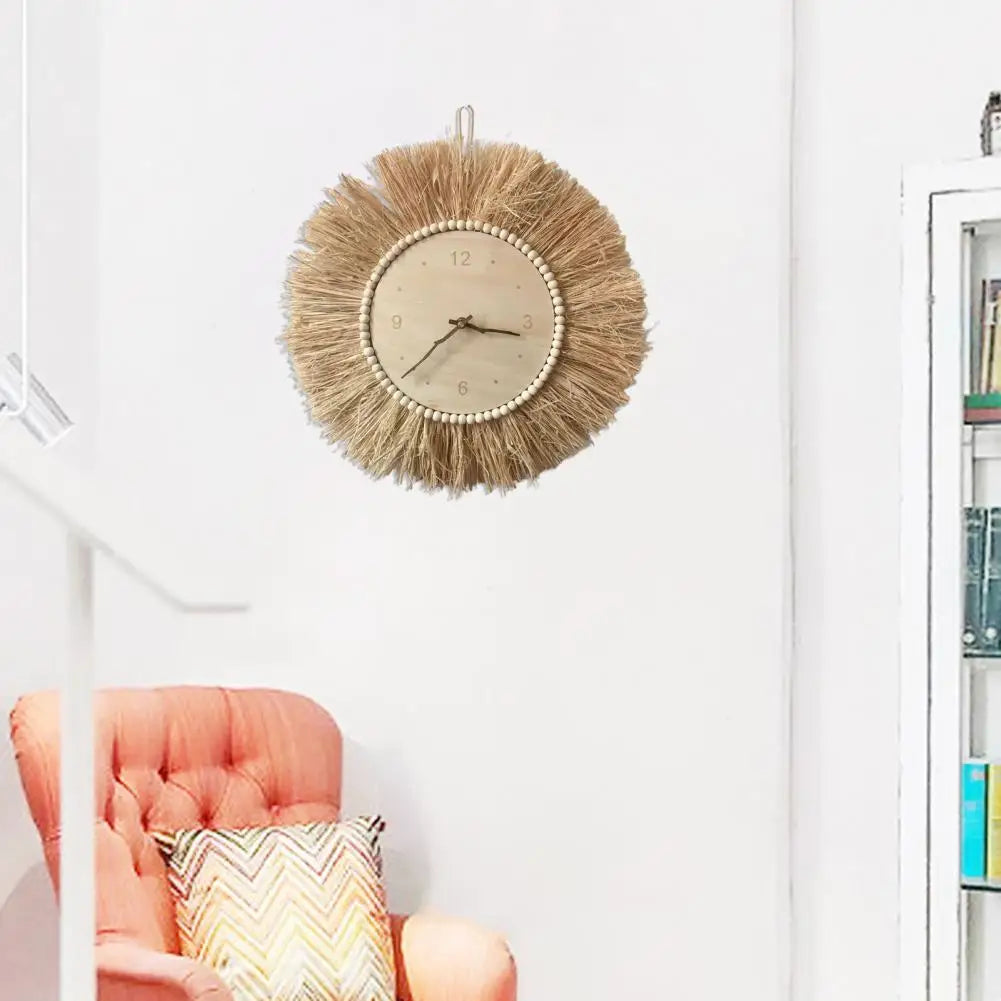 Nordic Straw Wall Clock Hand Woven Round Wall Art Decor Farmhouse Clock