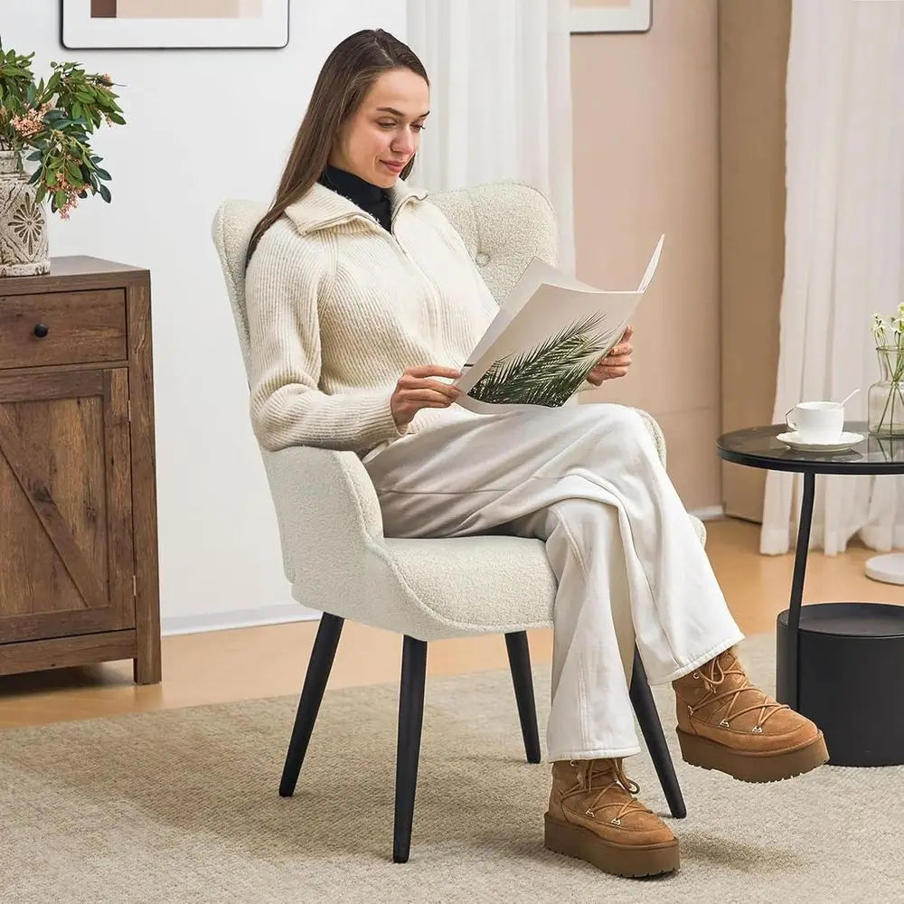Ivory High-Back Wingback Chair Tufted Accent for Living Room or Bedroom