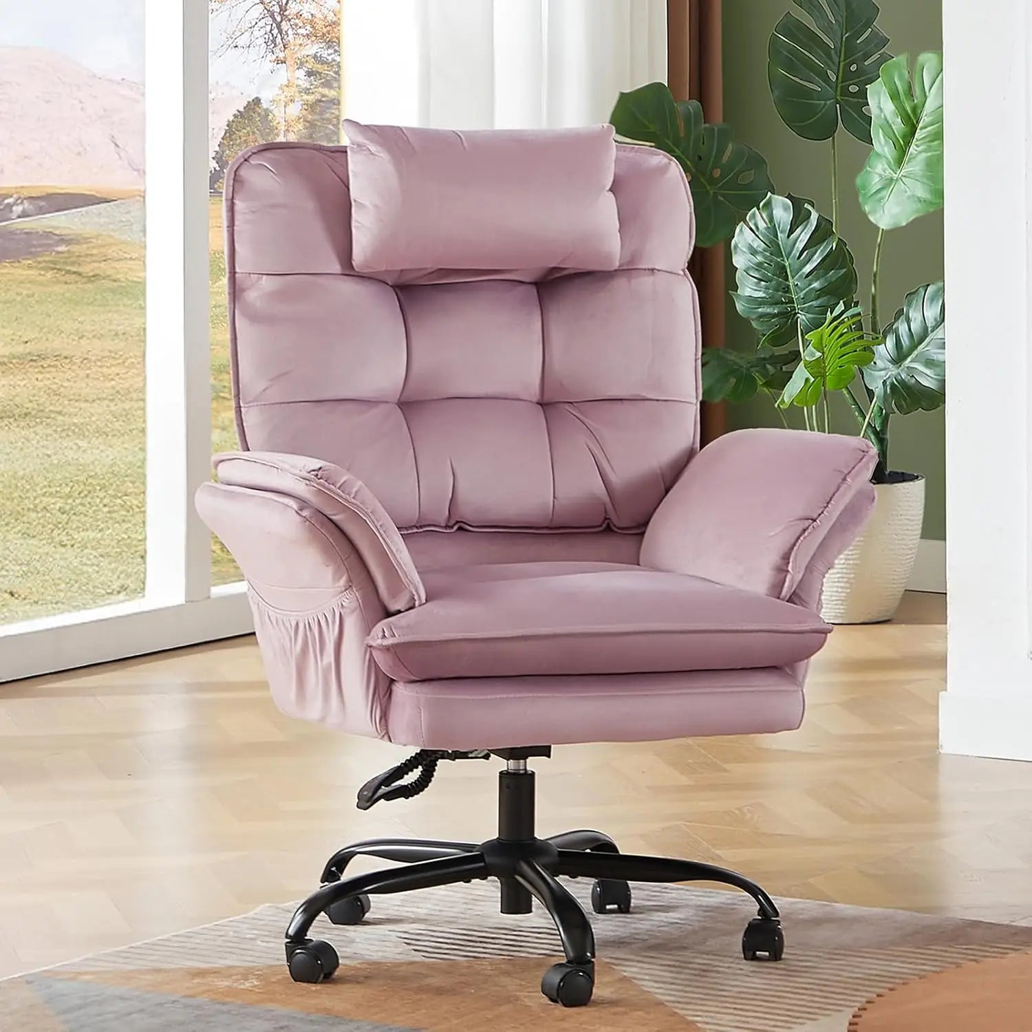 Pink Velvet Criss Cross Chair Flip-Up Armrests Side Pockets Big Tall Desk Chair
