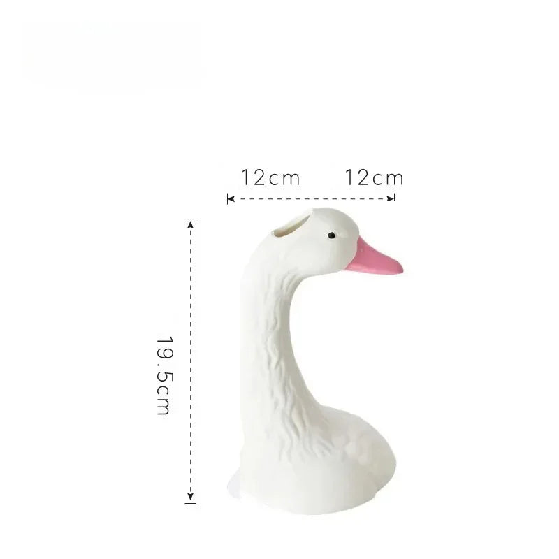 Nordic Girl Pink and White Swan Ceramic Vase Decoration, Creative Pink Goose