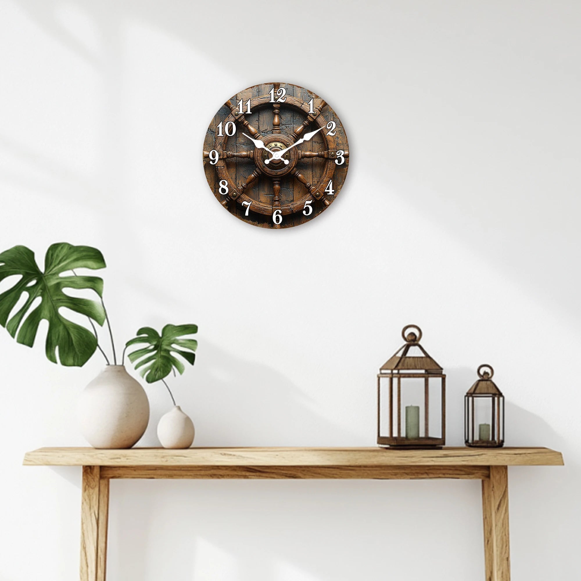 Antique Wooden Ship Steering Wheel Wall Clock - Nautical Decor for Office