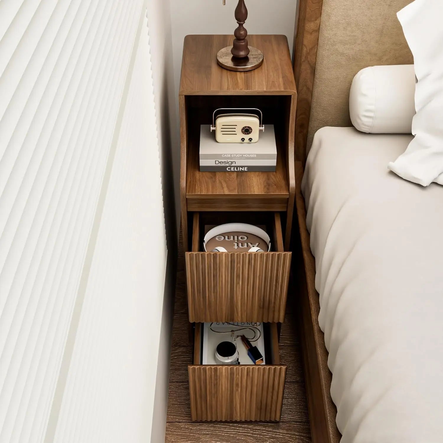 Fluted Narrow Nightstand Set Of 2, Skinny Bedside Table With 2 Drawers