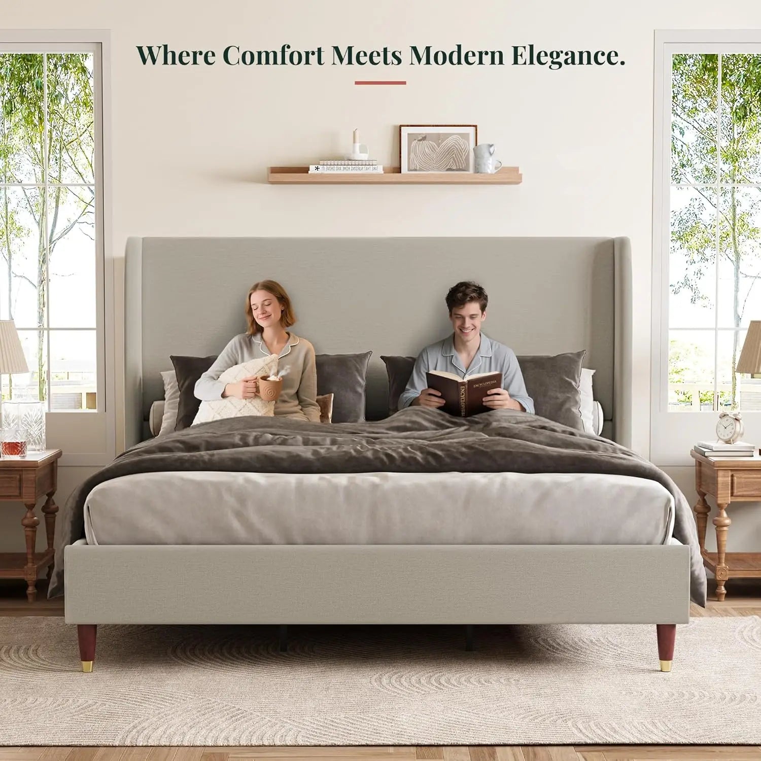 King Upholstered Wingback Platform Bed Frame — 51