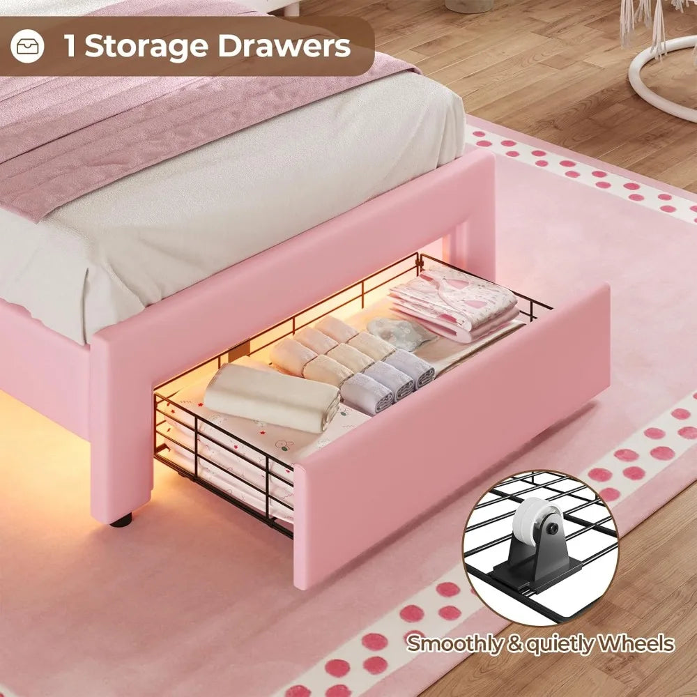 Twin Girl's Upholstered Platform Bed — LED Lights, Storage Drawer & Crystal Headboard