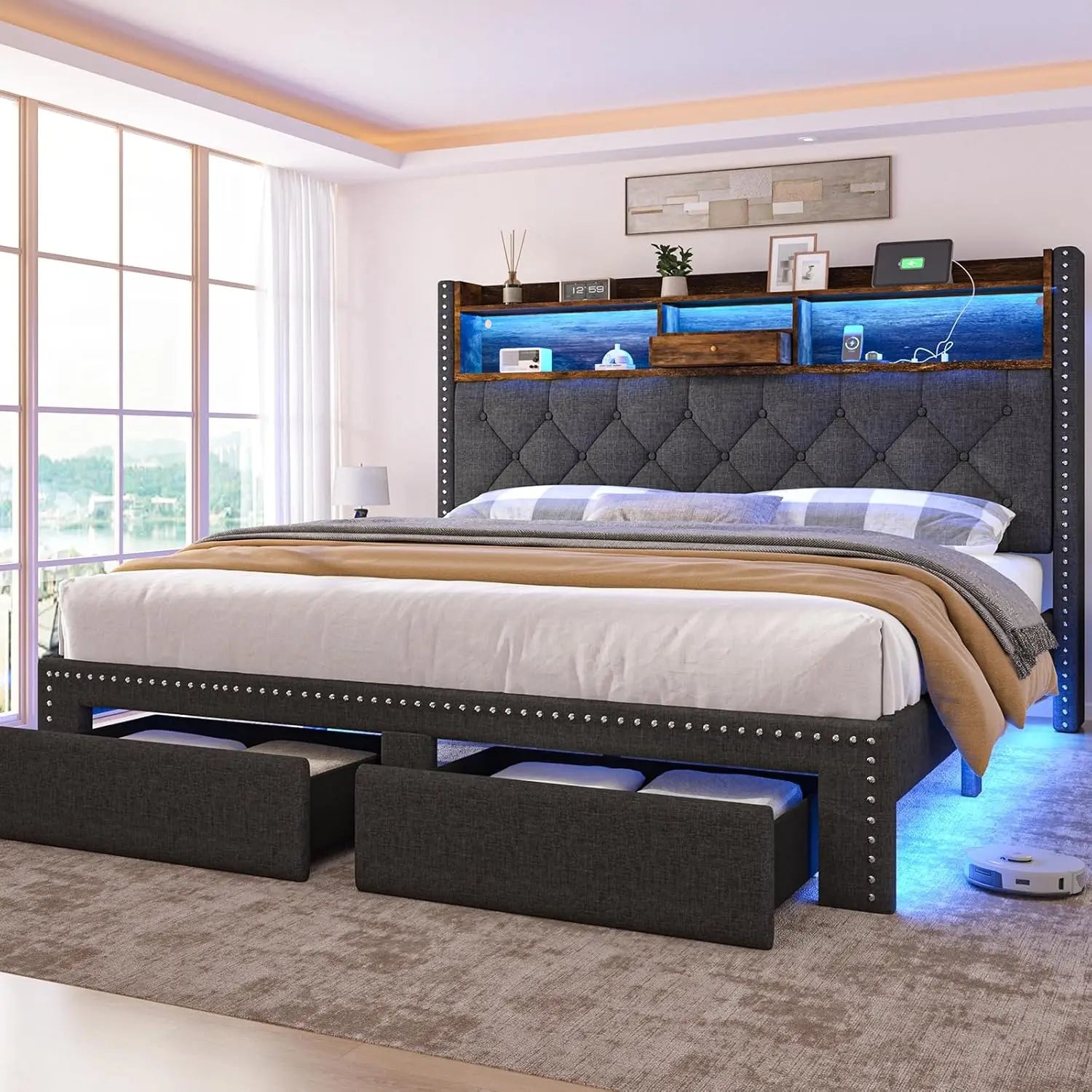 Linen Full Size Bed Frame with 2-Tier Storage Headboard and Charging Station, Upholstered Platform Bed Frames with, Customized