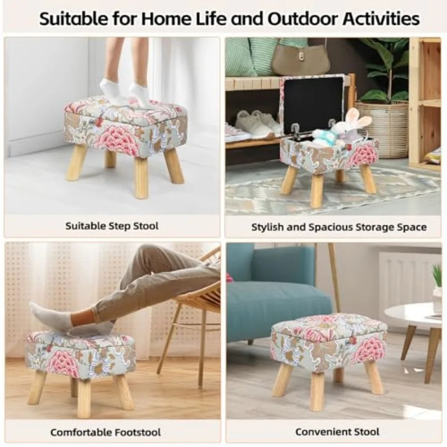 Square Storage Ottoman with Sturdy Wood Legs Tufted Upholstered Footstool