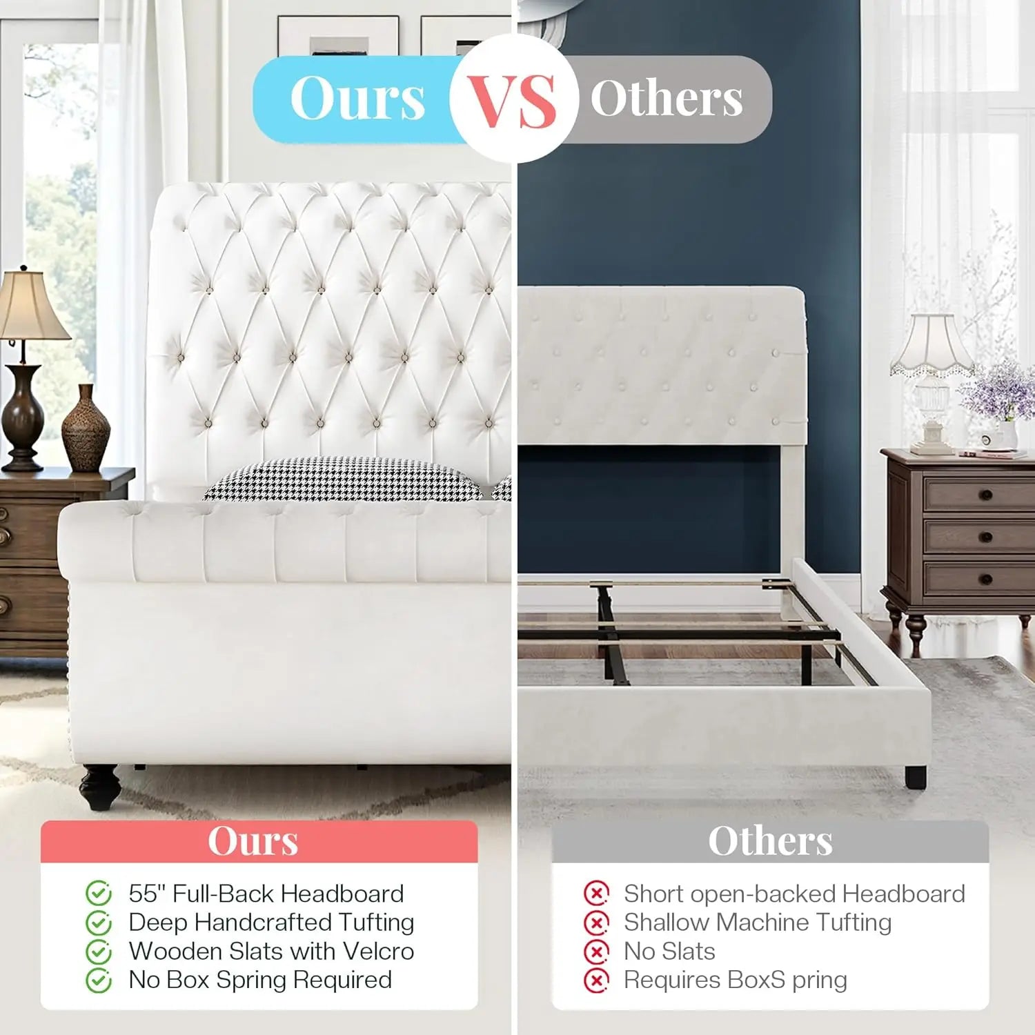Velvet Sleigh Bed Frame — Queen, Scroll Headboard & Footboard