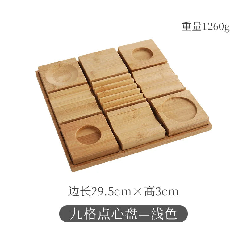 Wooden Snack Tray 9-Compartment Dessert Platter Specialty Plates Set