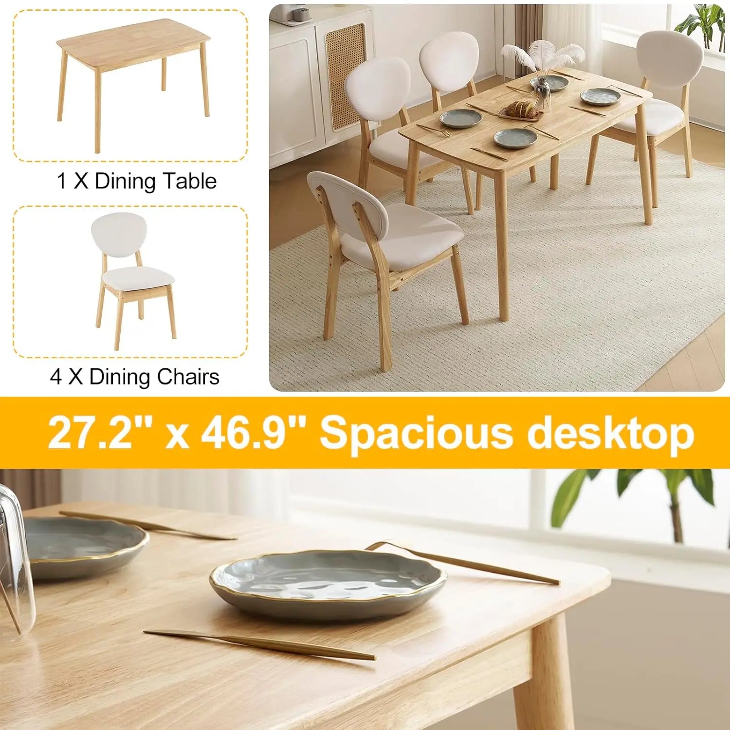 5-Piece Dining Table Set, Dining Table Set for 4, Compact Mid-Century Modern