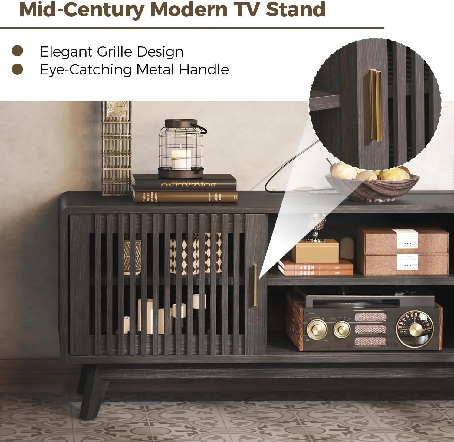 TV Console with 2 Sliding Doors in Grille Design & Charging Station, for Living