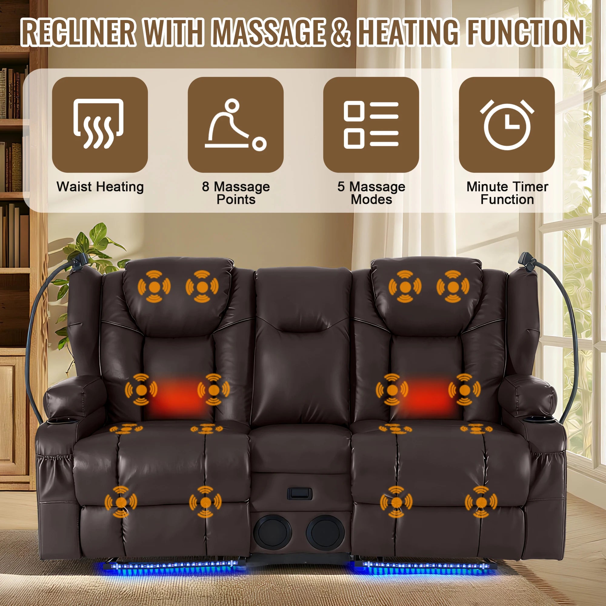 Power Loveseat Recliner with Massage & Heat — Dual Motor, Cat-Claw Leather
