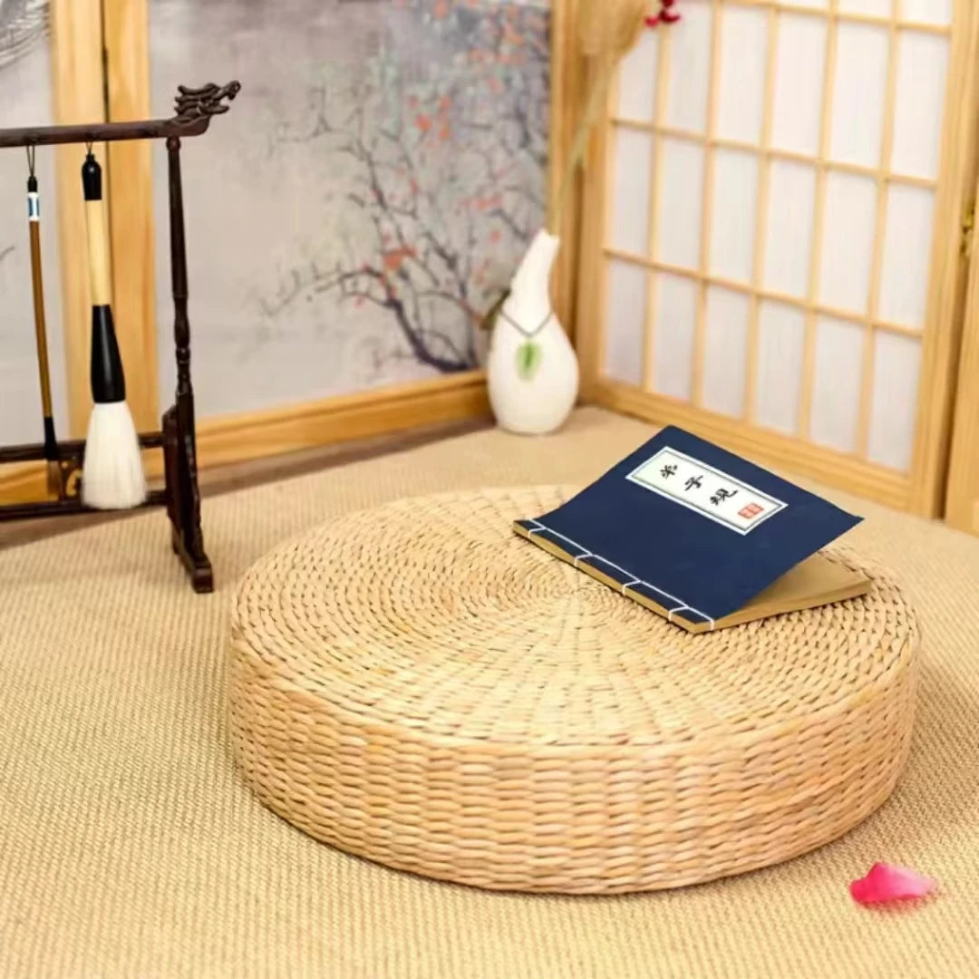 Handmade Woven Natural Straw Round Pouf Tatami Cushion Floor Cushion Home