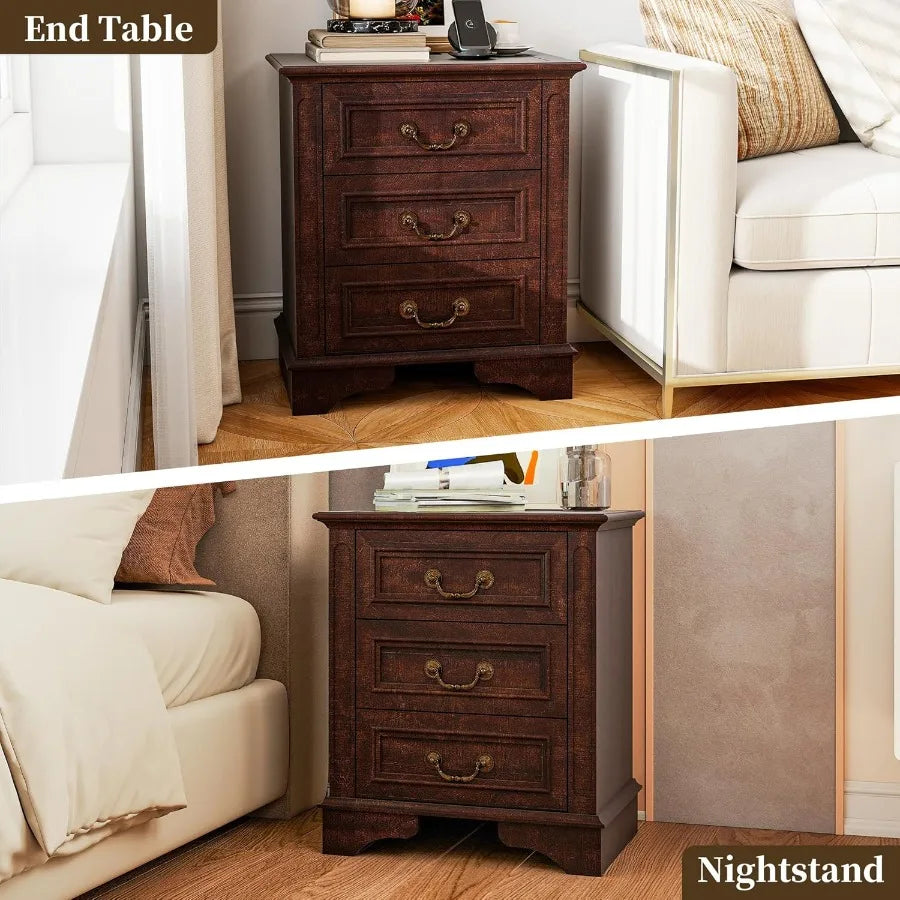 Nightstand with Charging Station Wooden Bedside Table with 3 Drawers for Bedroom