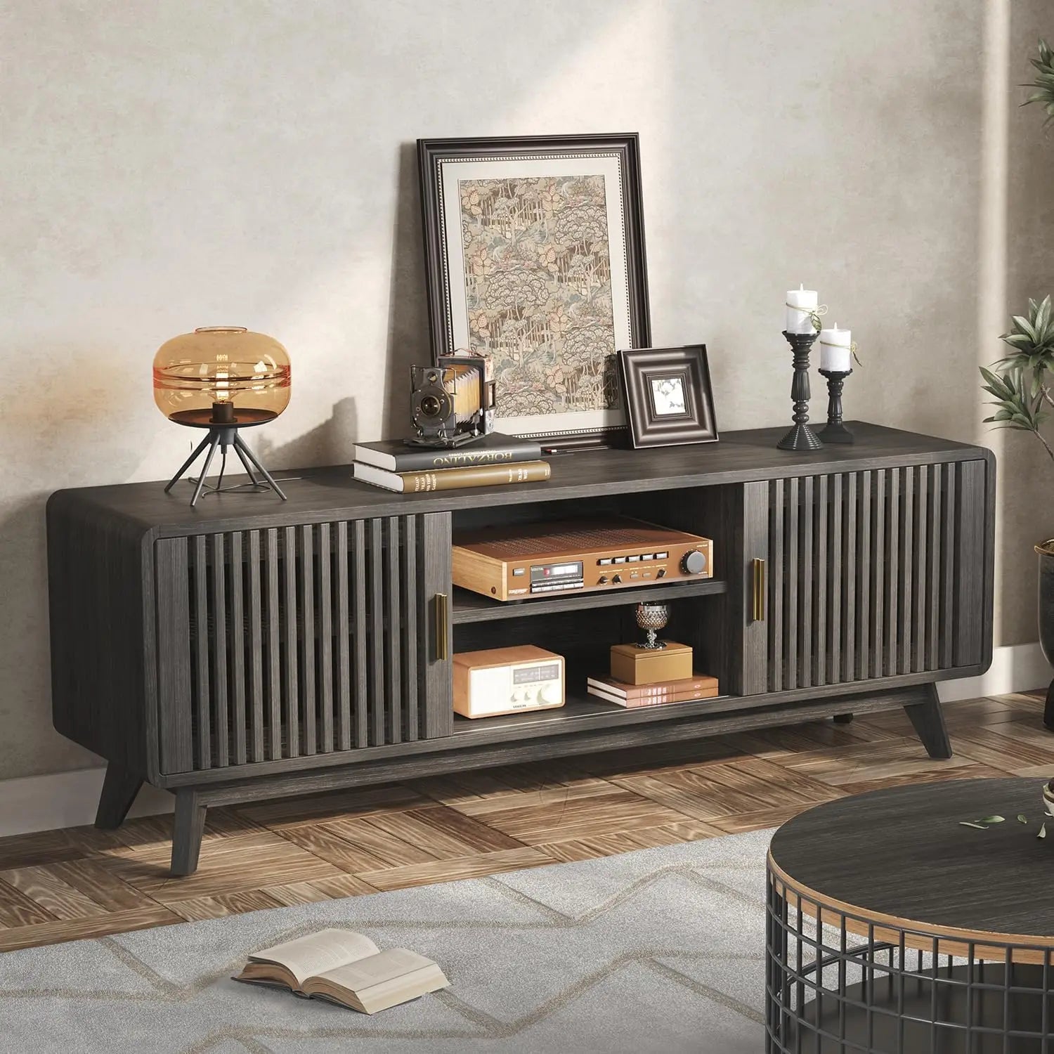 TV Console with 2 Sliding Doors in Grille Design & Charging Station, for Living