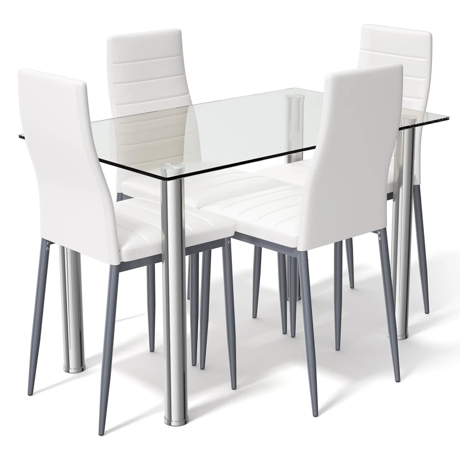 5 PCS Dining Table ＆ 4 Cushioned Chairs Set Tempered Glass Top Kitchen Breakfast