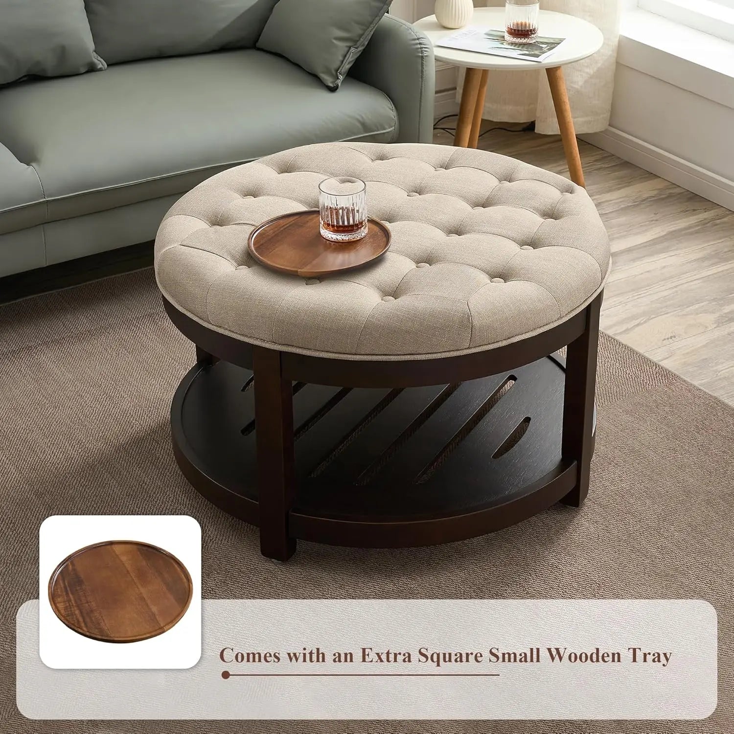 Large Round Ottoman Coffee Table with Storage, Upholstered Button Tufted