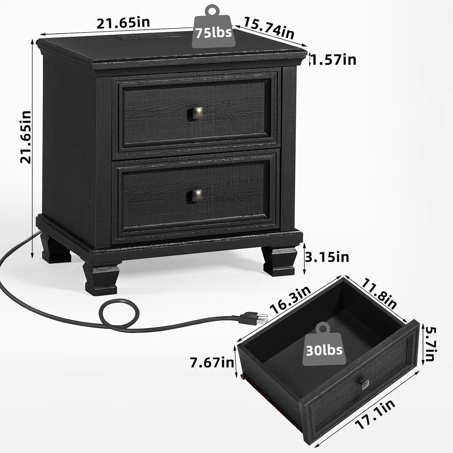 Farmhouse Nightstand Set of 2, Rustic Black Nightstands Vintage Wooden