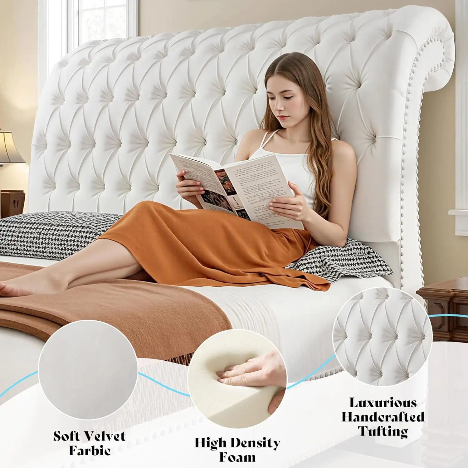 Velvet Sleigh Bed Frame — Queen, Scroll Headboard & Footboard